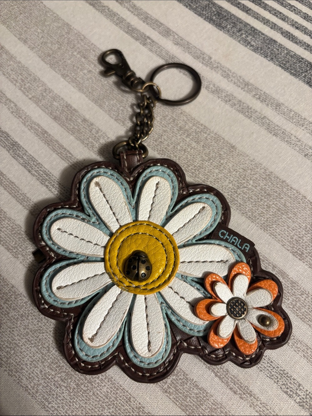 Chala White Daisy Keychain with Yellow Center and Orange Accent